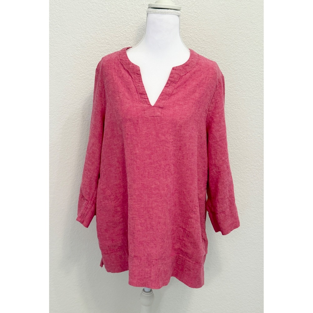 Lands End Womens Pink Linen Blend Split V-Neck Tunic Top with Pockets Size L